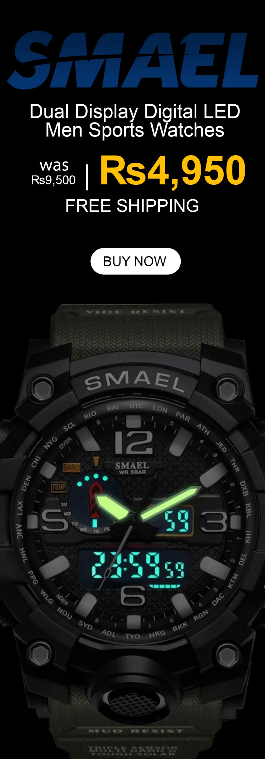 SMAEL Dual Display Digital LED Men Sports Watches