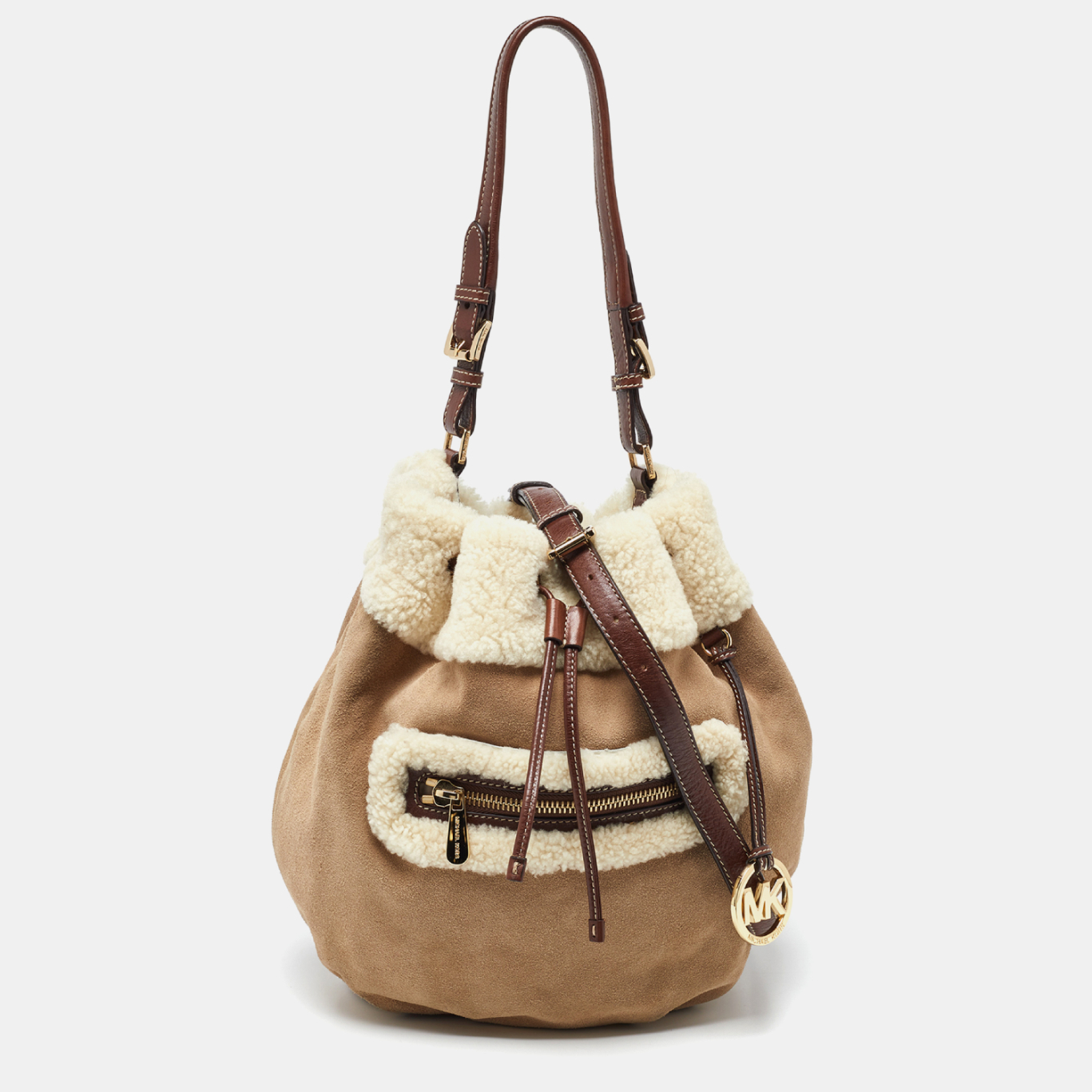 Michael Kors Beige Brown Suede and Shearling Fur Bucket Bag Brands4less