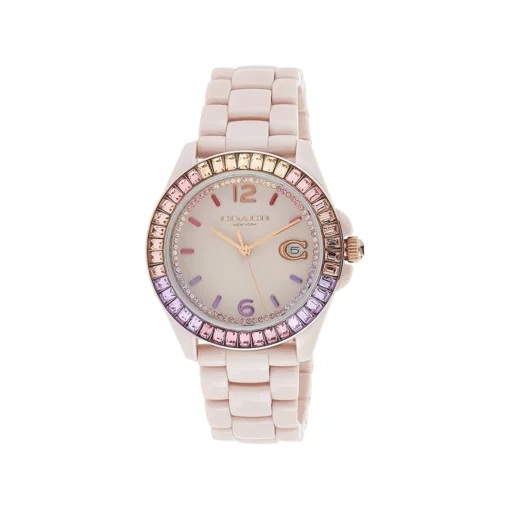 Coach Greyson Multi Color Crystal Accent Rainbow Bezel Pink Ceramic Watch 14504020