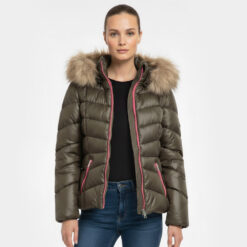 Michael Kors Women’s Olive Green Puffer Jacket with Faux Fur Hood